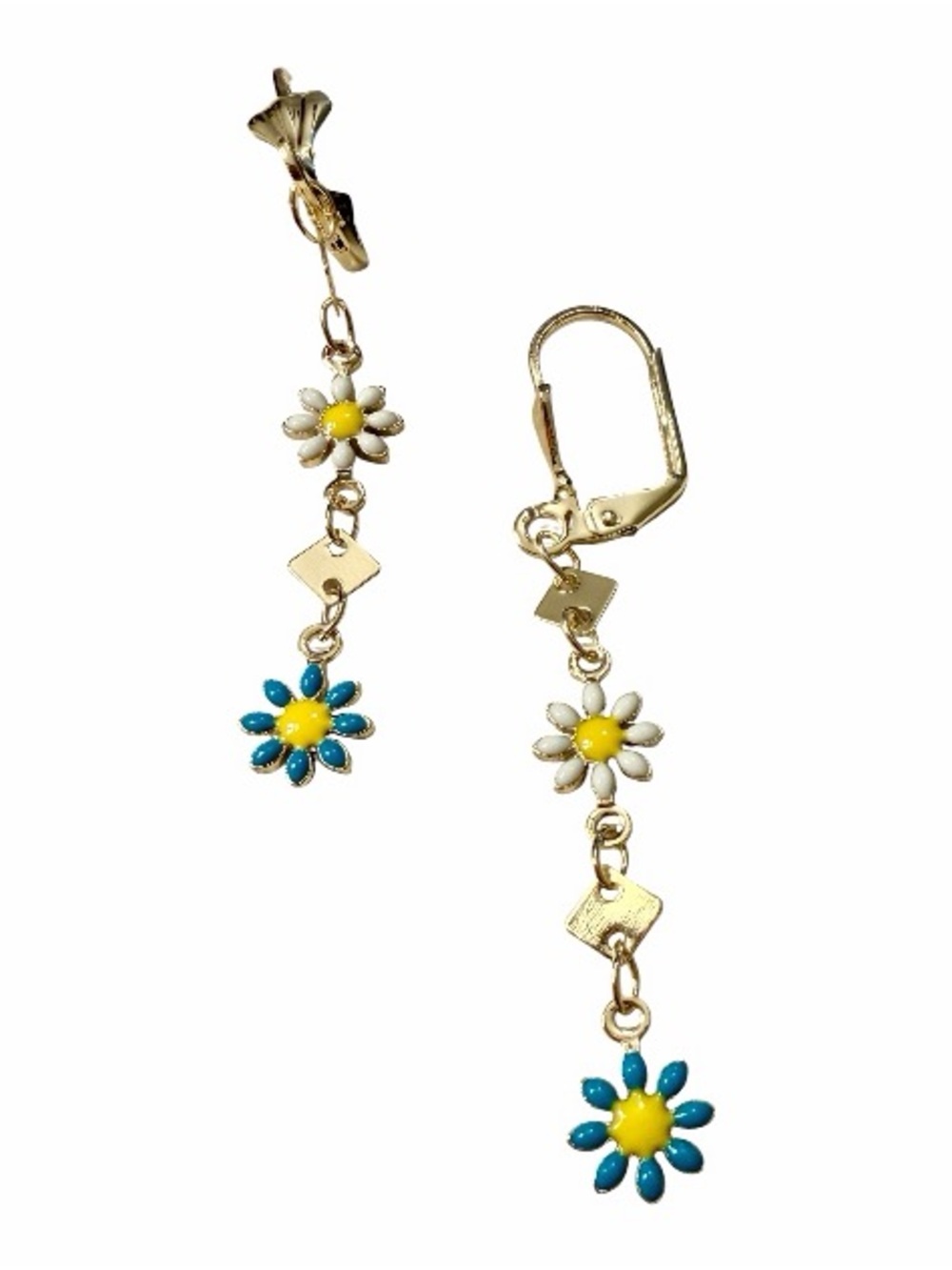 Gold Daisy Drop Earrings with Blue & White Enamel